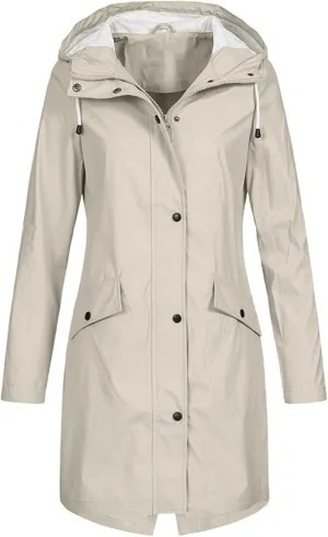 Women Waterproof Long Rain Coat Water Resistant Hooded Jacket Lightweight Outdoor Windbreaker Lightweight Rain Jackets