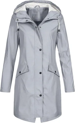 Women Waterproof Long Rain Coat Water Resistant Hooded Jacket Lightweight Outdoor Windbreaker Lightweight Rain Jackets