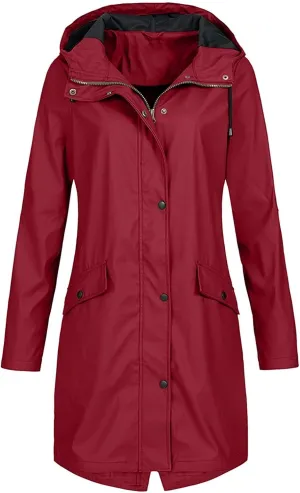 Women Waterproof Long Rain Coat Water Resistant Hooded Jacket Lightweight Outdoor Windbreaker Lightweight Rain Jackets