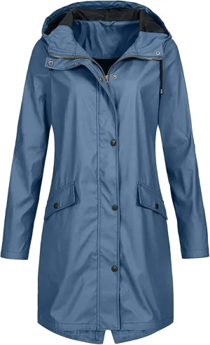 Women Waterproof Long Rain Coat Water Resistant Hooded Jacket Lightweight Outdoor Windbreaker Lightweight Rain Jackets