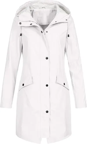 Women Waterproof Long Rain Coat Water Resistant Hooded Jacket Lightweight Outdoor Windbreaker Lightweight Rain Jackets