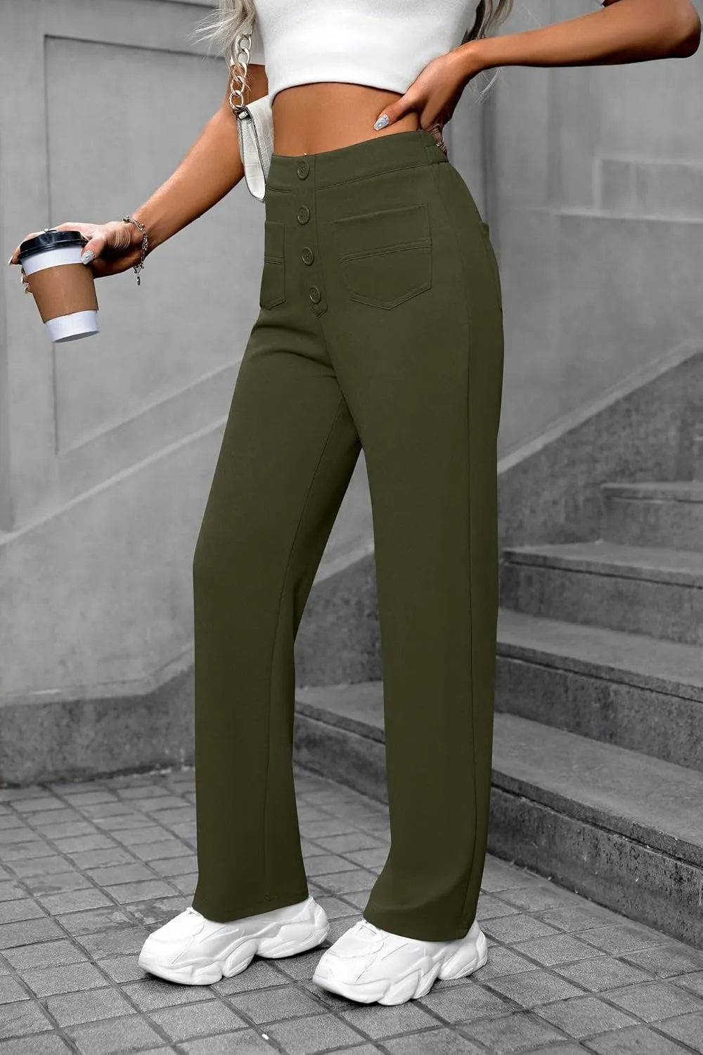 Women's Casual High Waist Stretch Pants, Multiple Pockets Straight Leg Pants, Fashion Comfort Work Flexible Trousers