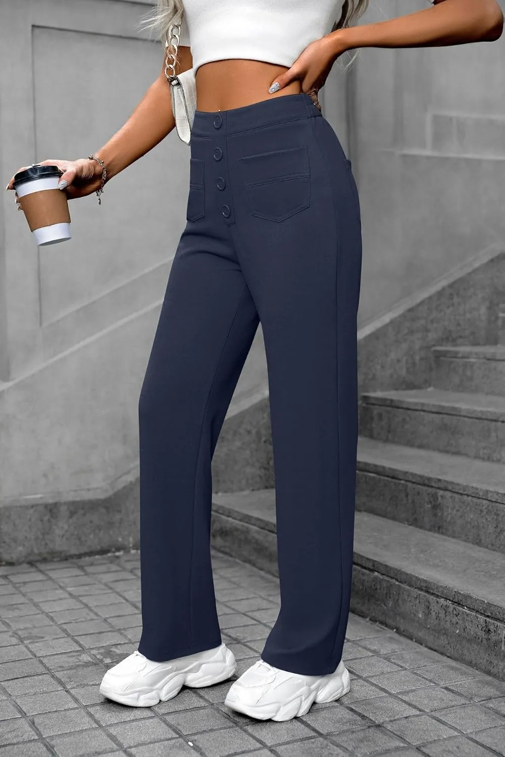 Women's Casual High Waist Stretch Pants, Multiple Pockets Straight Leg Pants, Fashion Comfort Work Flexible Trousers