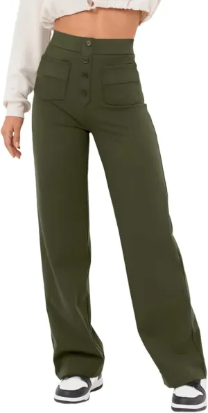 Women's Casual High Waist Stretch Pants, Multiple Pockets Straight Leg Pants, Fashion Comfort Work Flexible Trousers