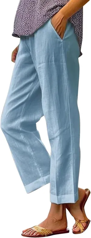Womens Casual Linen High Waist Pants Elastic Waist Trouser Wide Leg High Waist Adjustable Knot Loose Casual Trousers