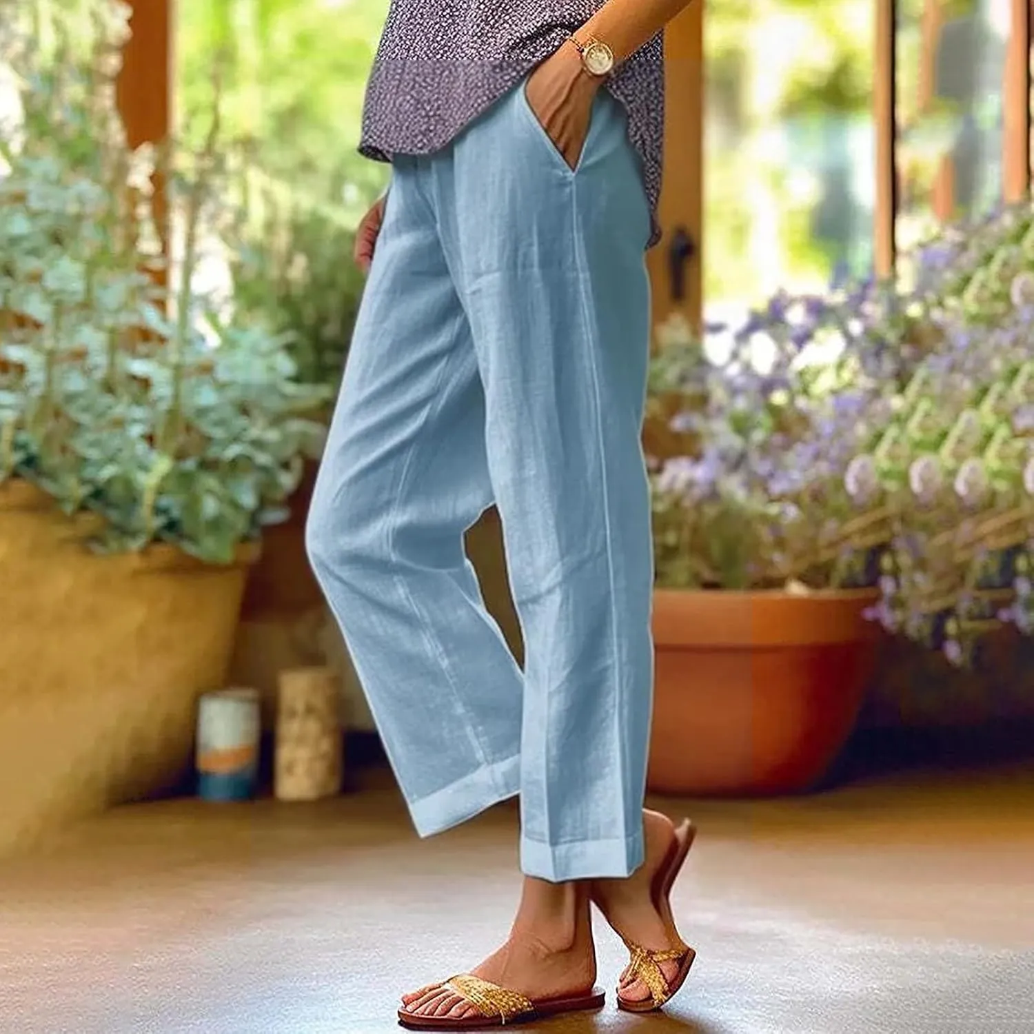 Womens Casual Linen High Waist Pants Elastic Waist Trouser Wide Leg High Waist Adjustable Knot Loose Casual Trousers
