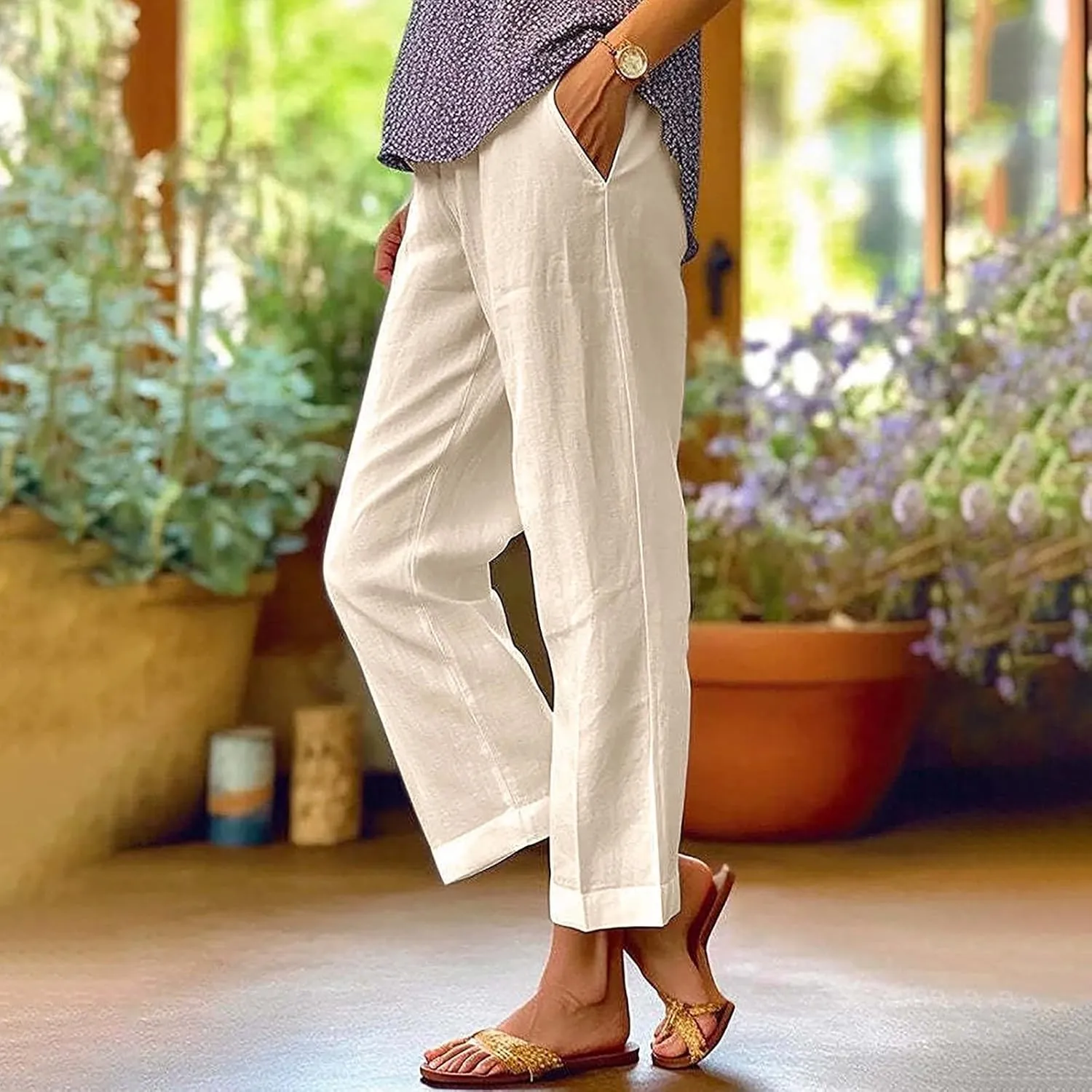 Womens Casual Linen High Waist Pants Elastic Waist Trouser Wide Leg High Waist Adjustable Knot Loose Casual Trousers
