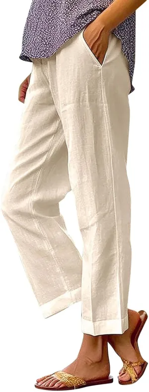 Womens Casual Linen High Waist Pants Elastic Waist Trouser Wide Leg High Waist Adjustable Knot Loose Casual Trousers