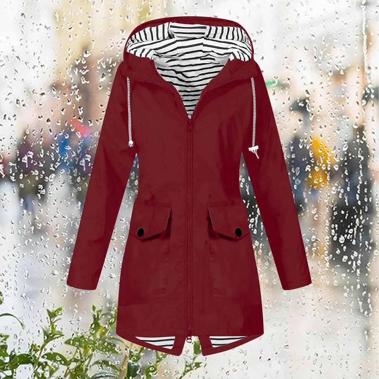 Womens Fashion Casaul Rain Jacket With Hood Lightweight Long Sleeve Windbreaker Zip Up Lightweight Hooded Jacket