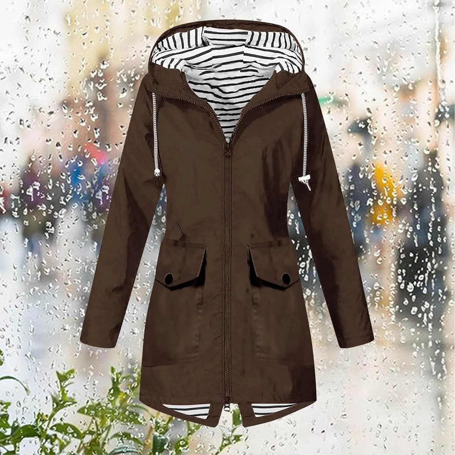 Womens Fashion Casaul Rain Jacket With Hood Lightweight Long Sleeve Windbreaker Zip Up Lightweight Hooded Jacket
