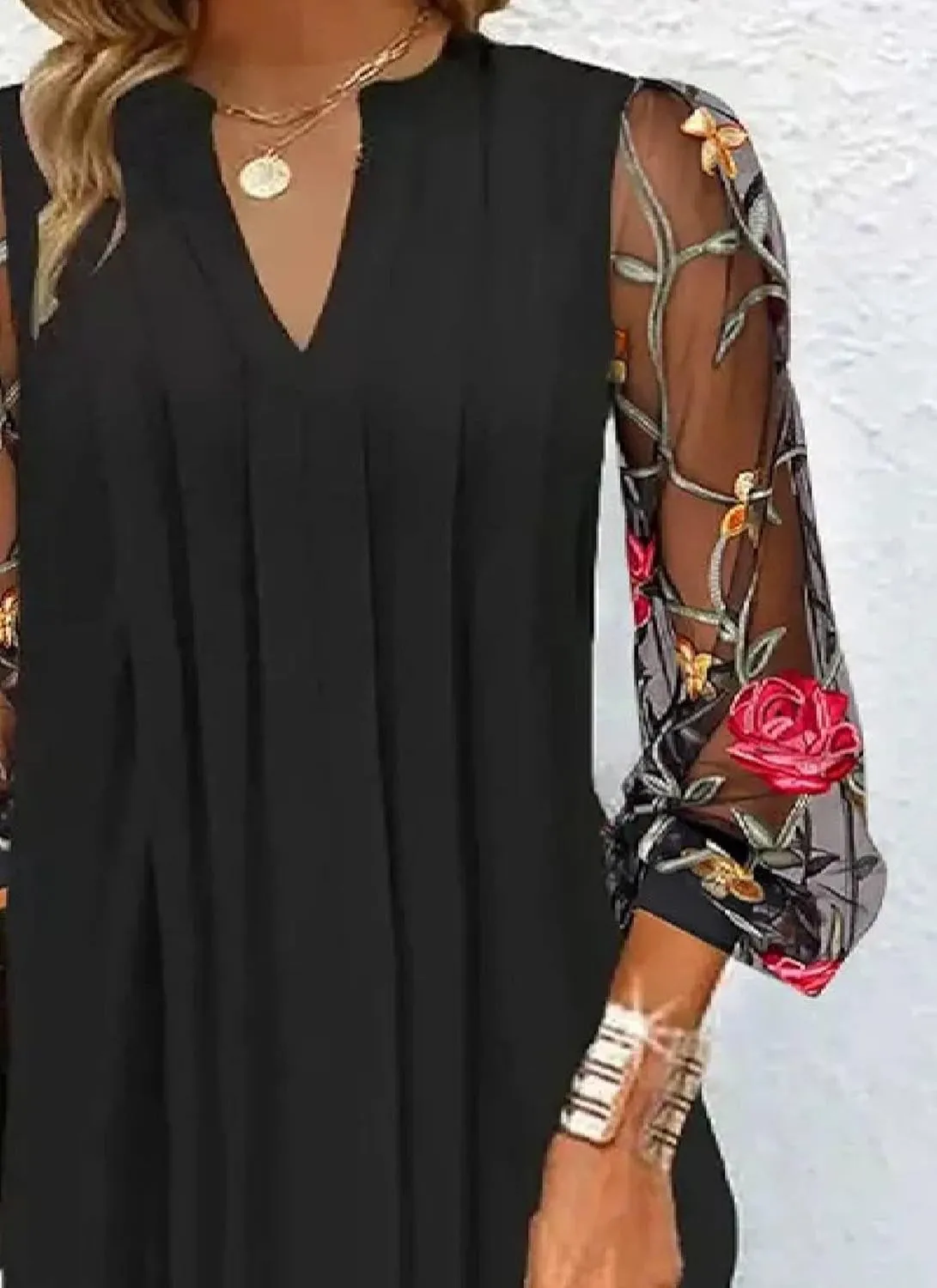 Women's Floral Mesh Sheer Sleeve V Neck Mini Dress 2025 Spring Summer Elegant Long Sleeve Pleated Black Shift Dresses