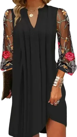 Women's Floral Mesh Sheer Sleeve V Neck Mini Dress 2025 Spring Summer Elegant Long Sleeve Pleated Black Shift Dresses