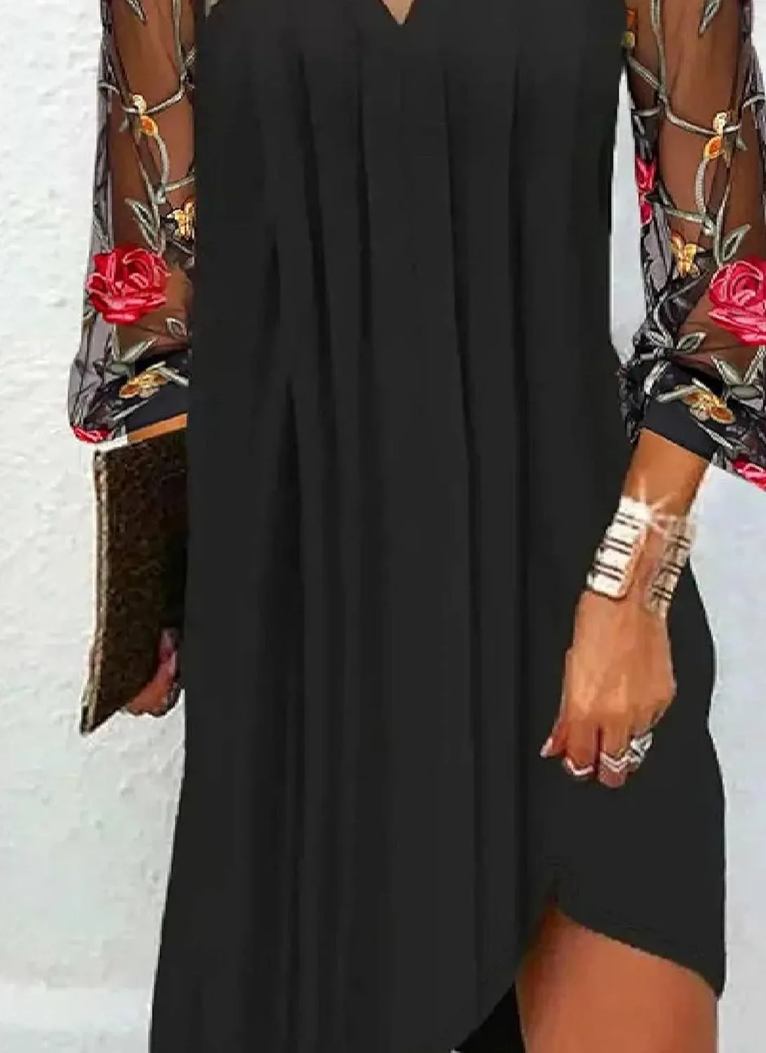 Women's Floral Mesh Sheer Sleeve V Neck Mini Dress 2025 Spring Summer Elegant Long Sleeve Pleated Black Shift Dresses