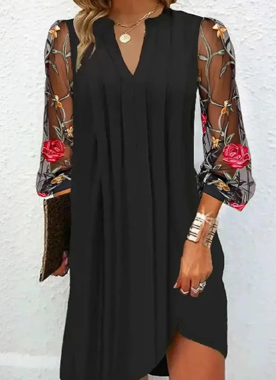 Women's Floral Mesh Sheer Sleeve V Neck Mini Dress 2025 Spring Summer Elegant Long Sleeve Pleated Black Shift Dresses