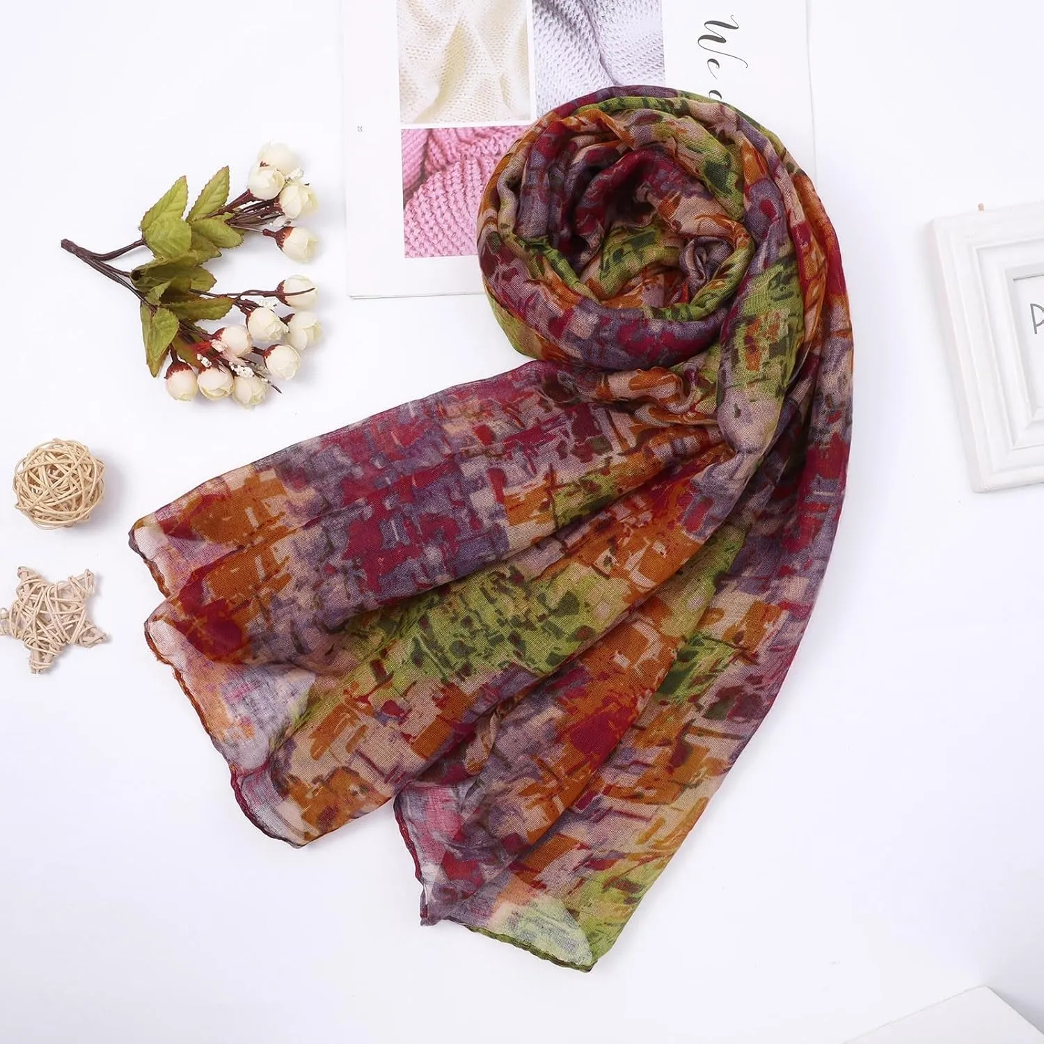 Womens Floral Print Chiffon Scarf Fashion Scarves Lightweight Sun Sunscreen Proof Silk Blend Lightweight Beach Scarfs