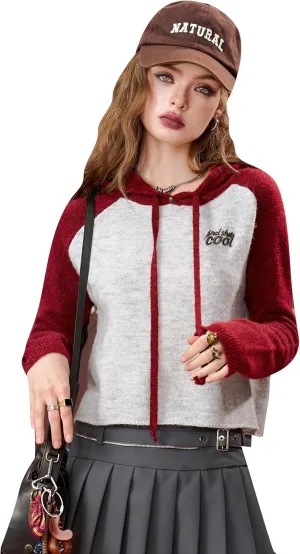 Womens Hooded Pullover Sweaters Knit Stretchy Contrast Colors Casual
