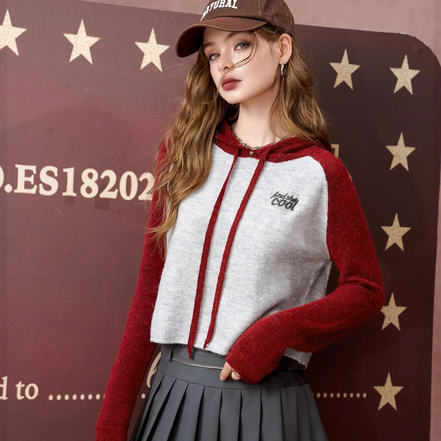 Womens Hooded Pullover Sweaters Knit Stretchy Contrast Colors Casual