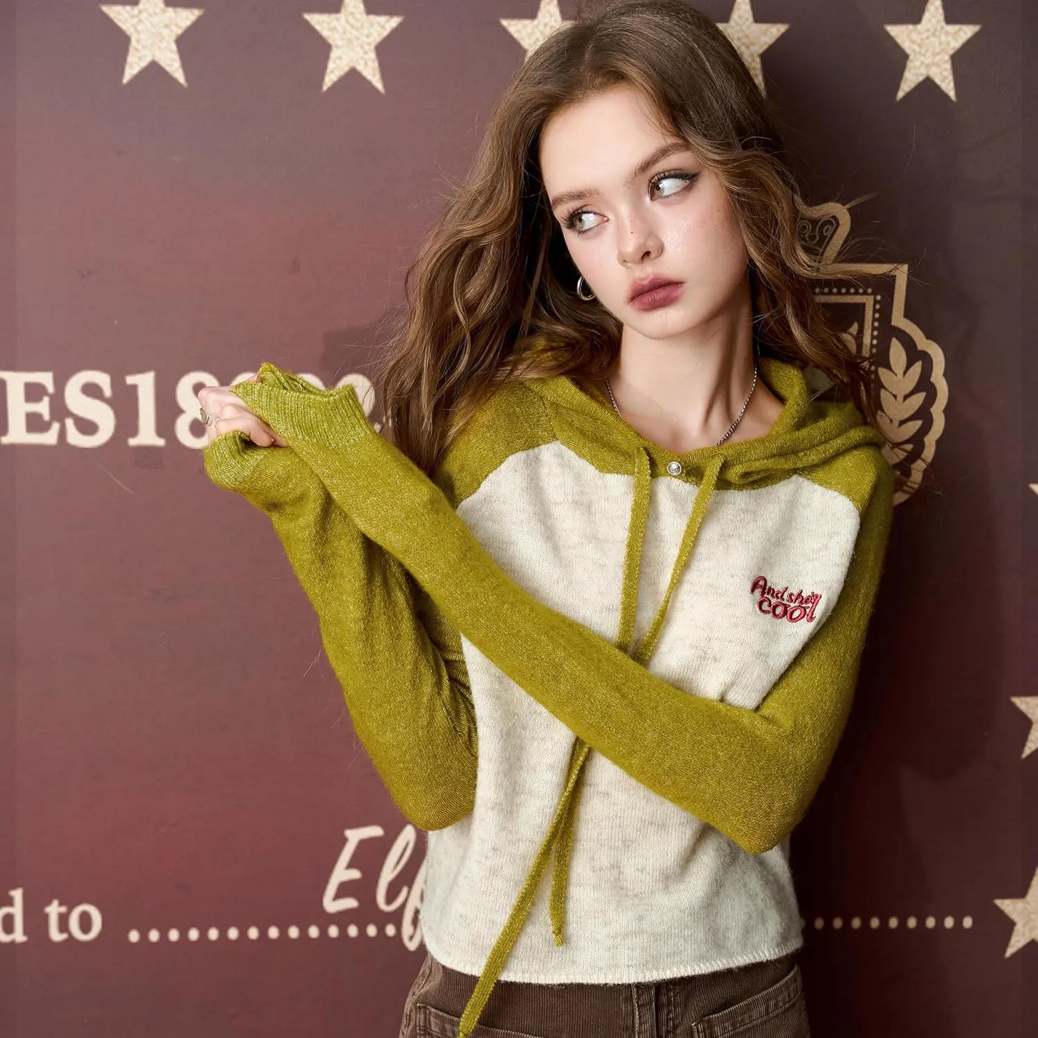 Womens Hooded Pullover Sweaters Knit Stretchy Contrast Colors Casual