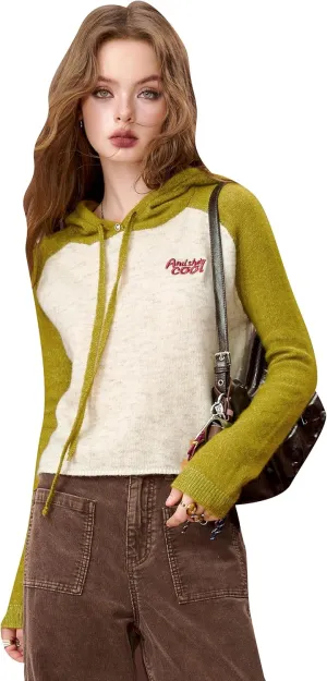 Womens Hooded Pullover Sweaters Knit Stretchy Contrast Colors Casual