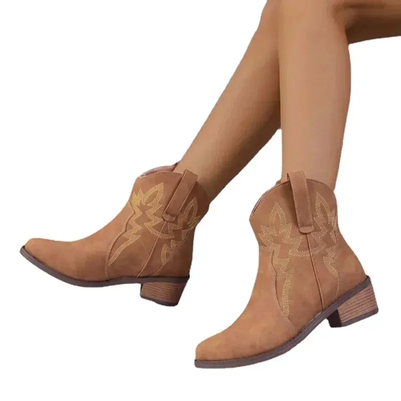 Women's Retro Embroidered Western Cowboy Boots - PU Leather, Pointed Toe, Thick Heels, Mid-Calf Boots for Autumn/Winter 2024