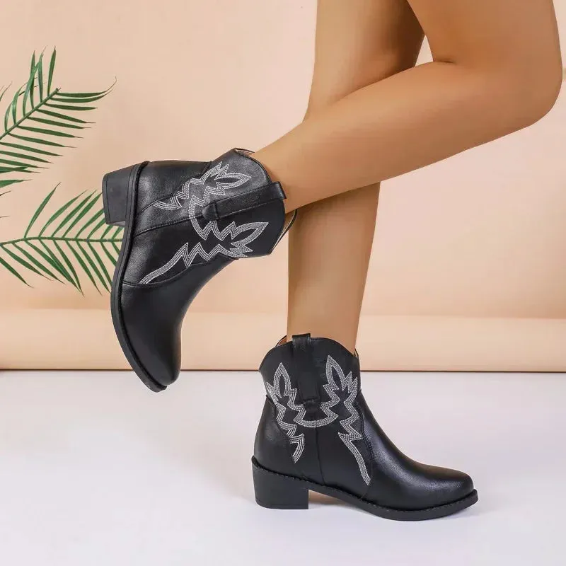 Women's Retro Embroidered Western Cowboy Boots - PU Leather, Pointed Toe, Thick Heels, Mid-Calf Boots for Autumn/Winter 2024