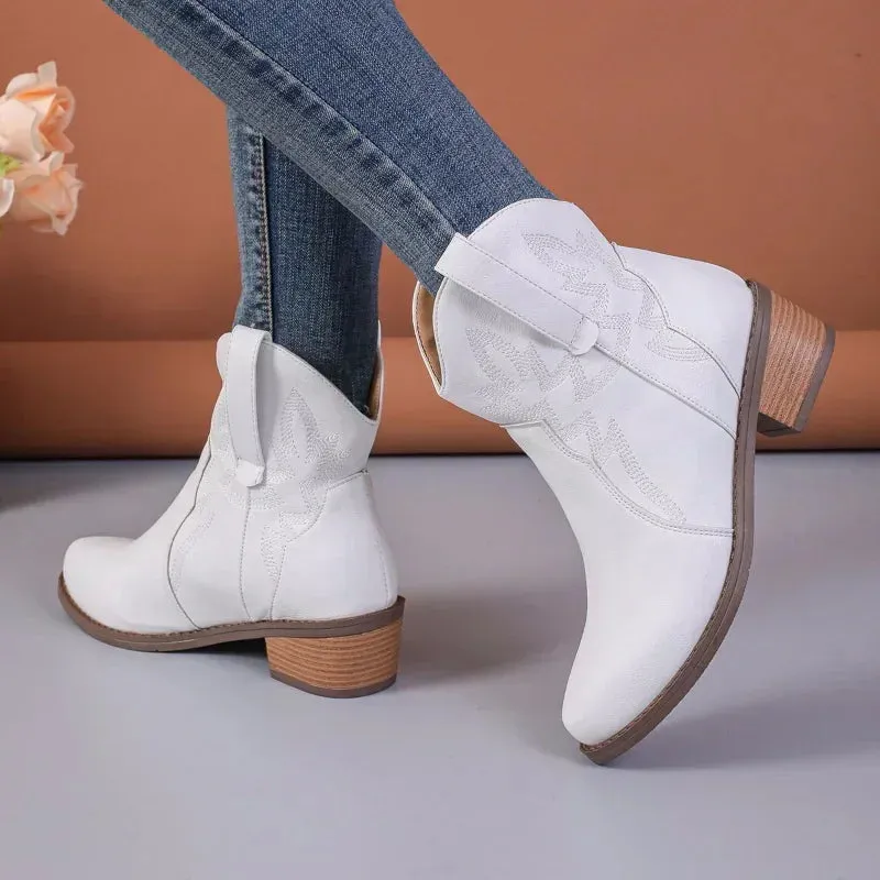 Women's Retro Embroidered Western Cowboy Boots - PU Leather, Pointed Toe, Thick Heels, Mid-Calf Boots for Autumn/Winter 2024