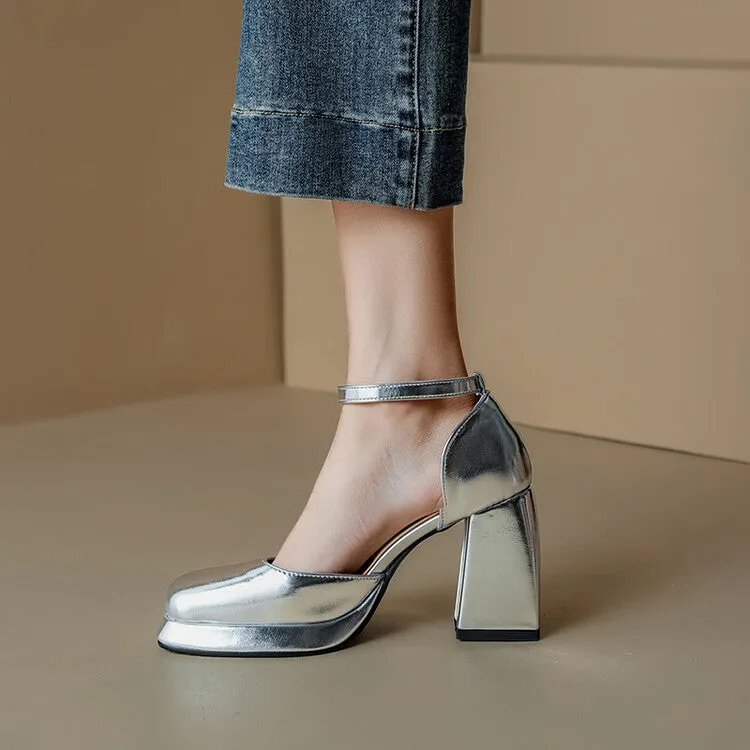 Women's Square Toe Patent Rhinestone Ankle Strap Block Heel Platform Sandals