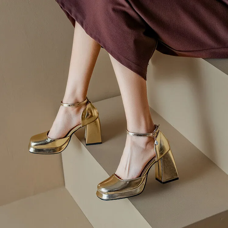 Women's Square Toe Patent Rhinestone Ankle Strap Block Heel Platform Sandals