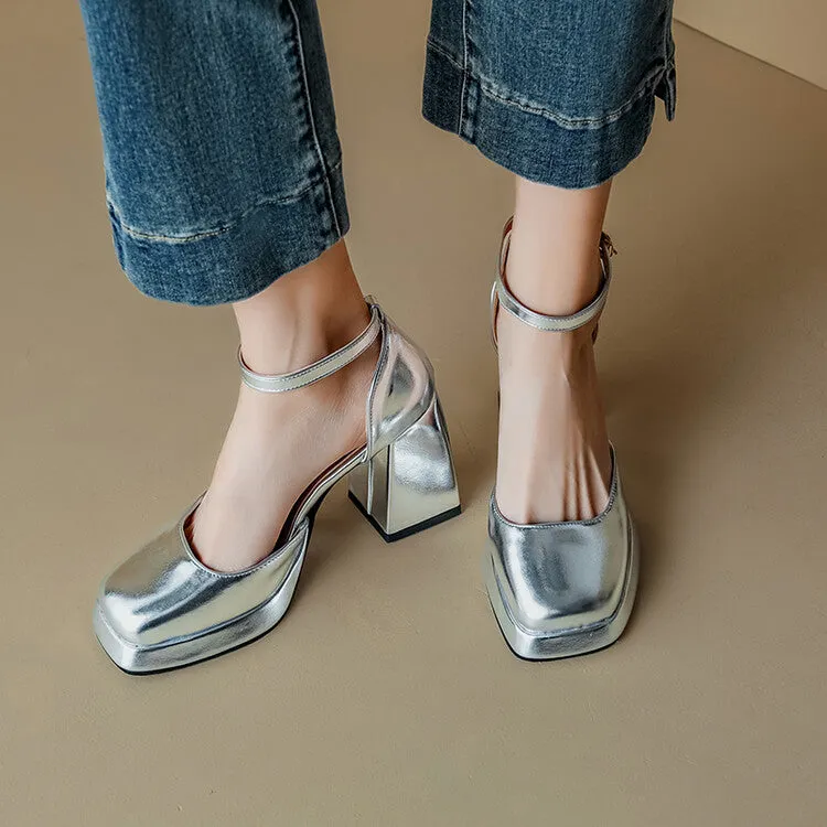 Women's Square Toe Patent Rhinestone Ankle Strap Block Heel Platform Sandals