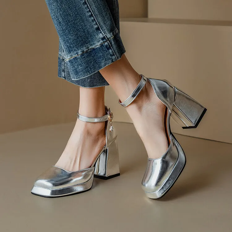 Women's Square Toe Patent Rhinestone Ankle Strap Block Heel Platform Sandals