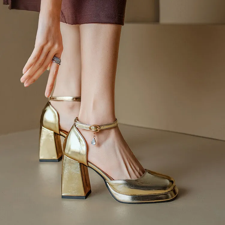 Women's Square Toe Patent Rhinestone Ankle Strap Block Heel Platform Sandals
