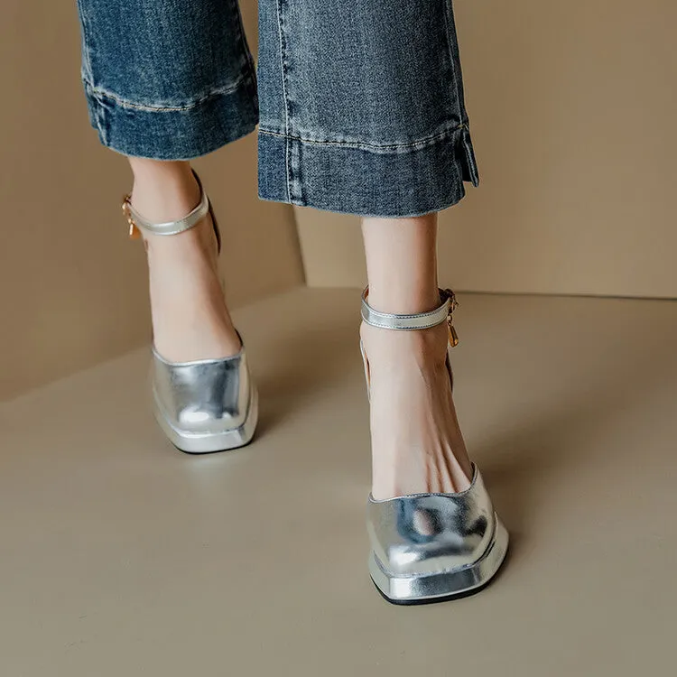 Women's Square Toe Patent Rhinestone Ankle Strap Block Heel Platform Sandals