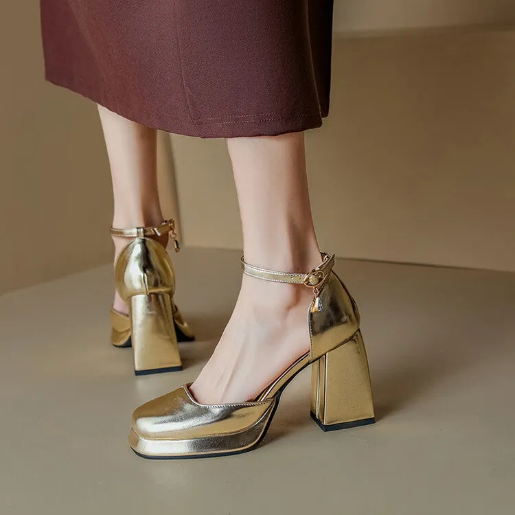 Women's Square Toe Patent Rhinestone Ankle Strap Block Heel Platform Sandals