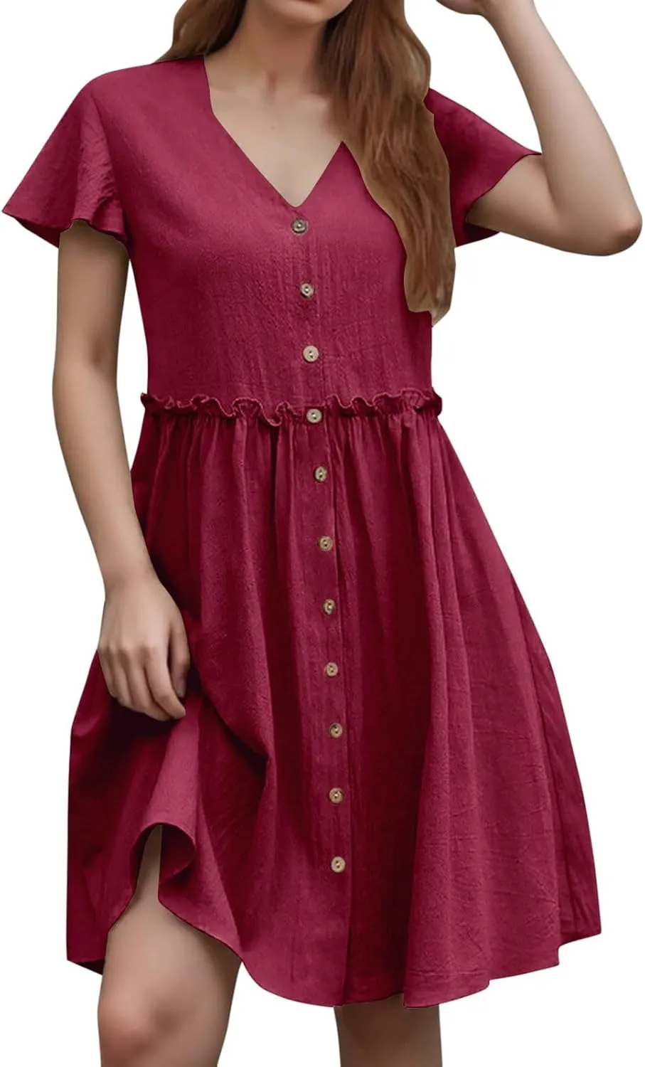 Women's Summer Button Down Shirt Dress Casual Ruffle Sleeve Shift Mini Dresses V Neck Knee Length Dress