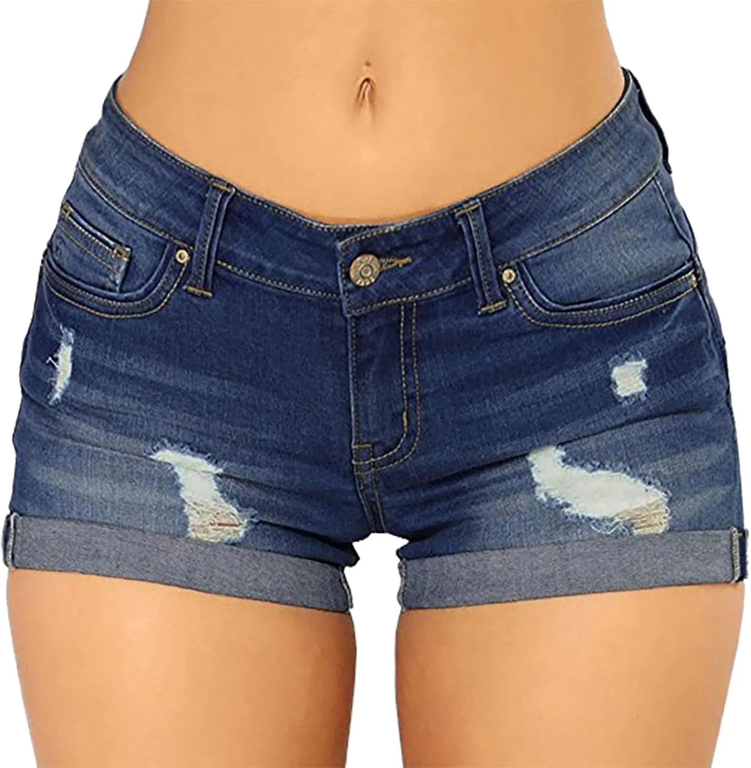 Women's Summer Denim Shorts High-Waisted Cuffed Stretchy Shorts