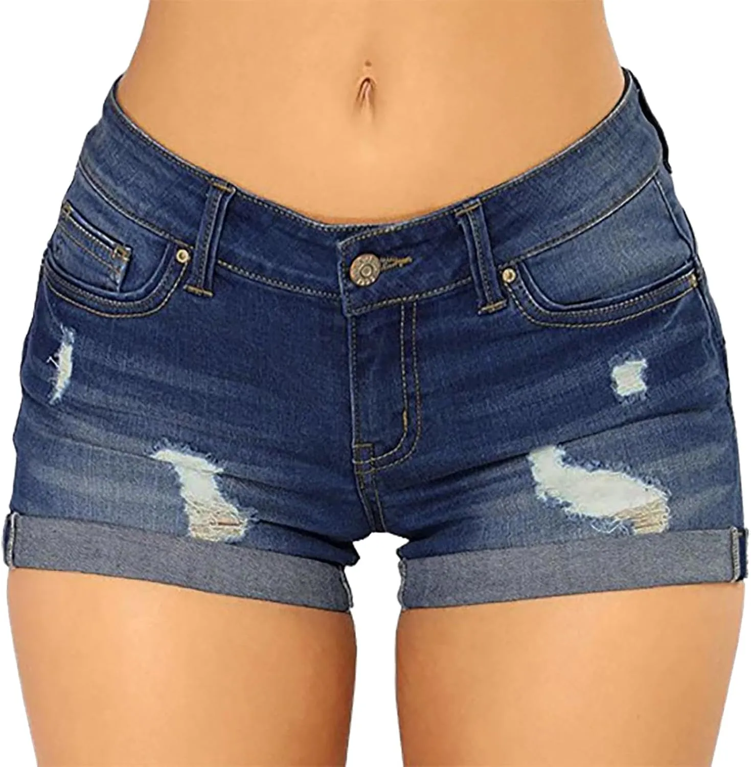 Women's Summer Denim Shorts High-Waisted Cuffed Stretchy Shorts