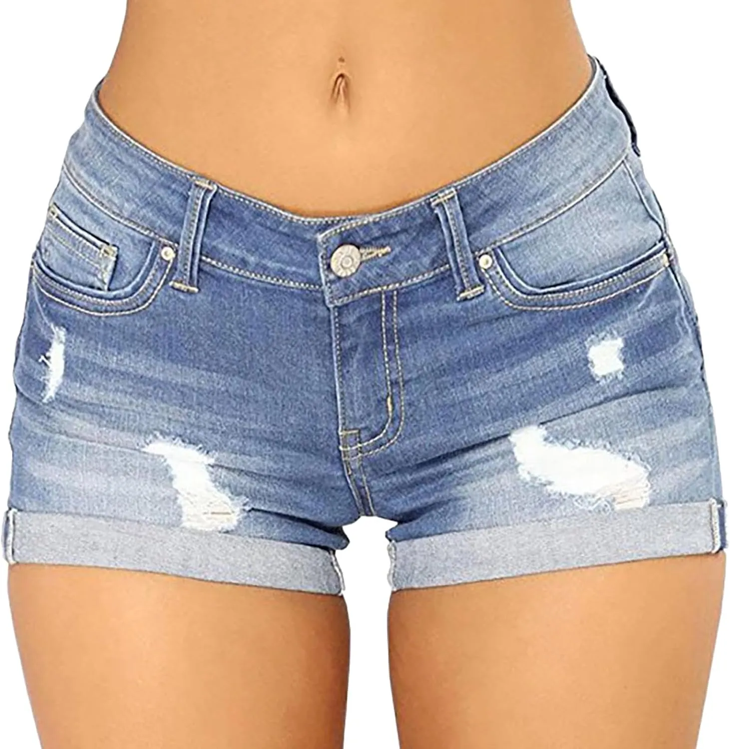 Women's Summer Denim Shorts High-Waisted Cuffed Stretchy Shorts