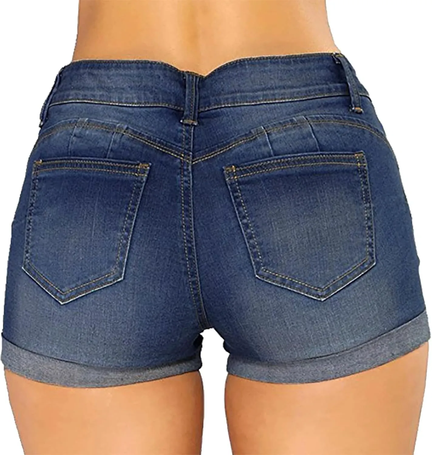 Women's Summer Denim Shorts High-Waisted Cuffed Stretchy Shorts