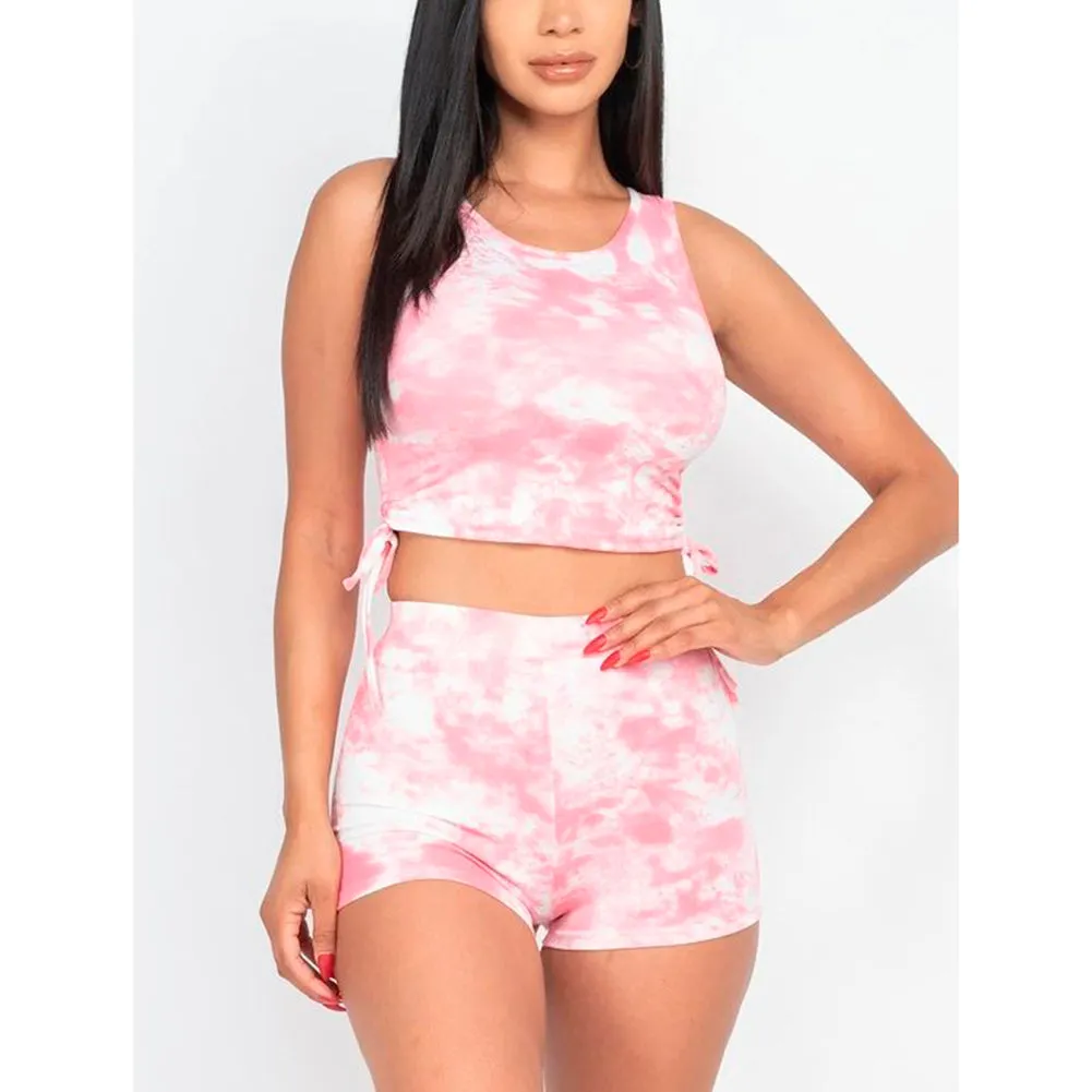 Women's Tank Top & Bike Shorts Athletic Workout Fitness Tie-Dye Tracksuit Set