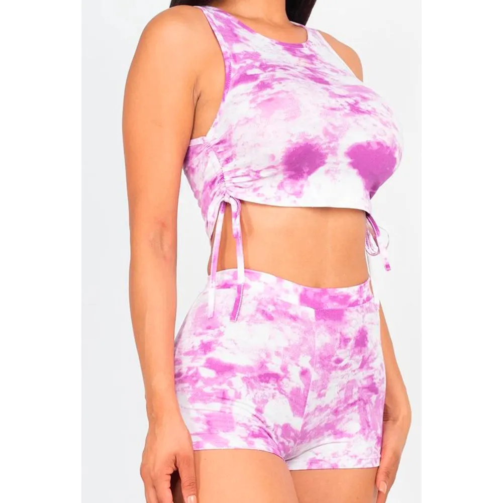 Women's Tank Top & Bike Shorts Athletic Workout Fitness Tie-Dye Tracksuit Set