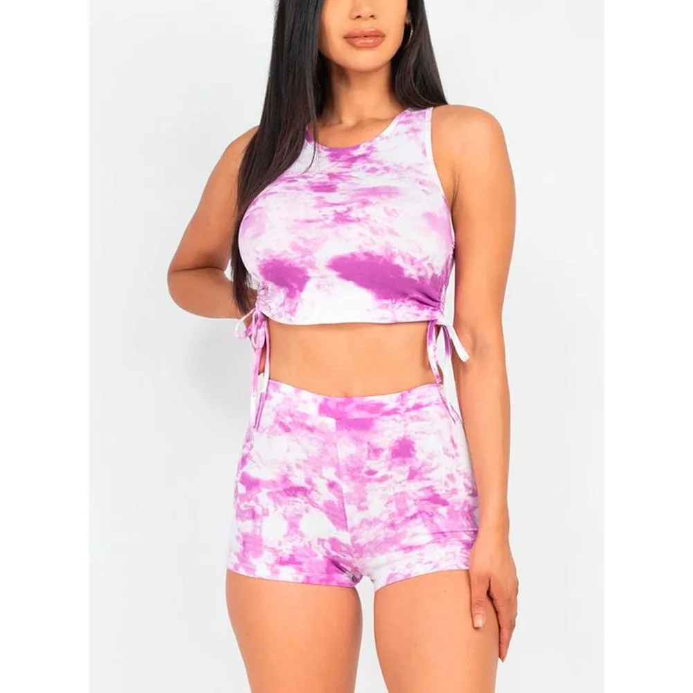Women's Tank Top & Bike Shorts Athletic Workout Fitness Tie-Dye Tracksuit Set