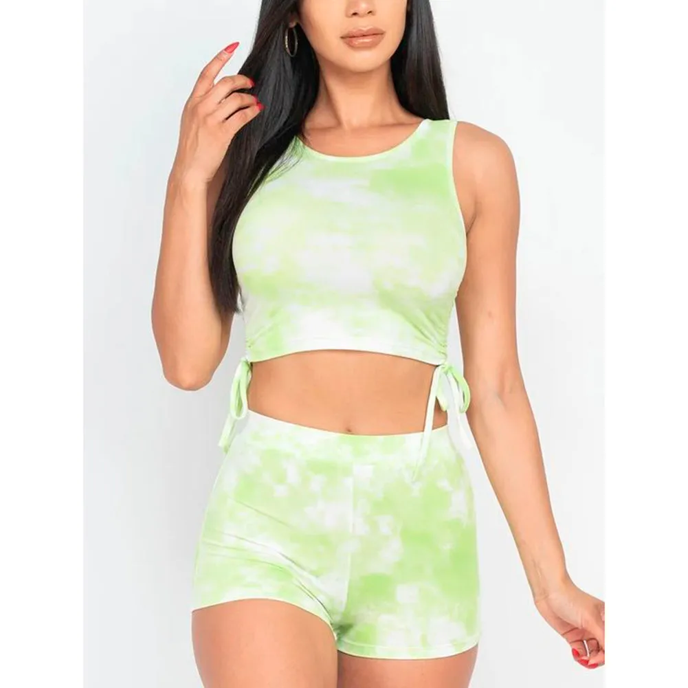 Women's Tank Top & Bike Shorts Athletic Workout Fitness Tie-Dye Tracksuit Set