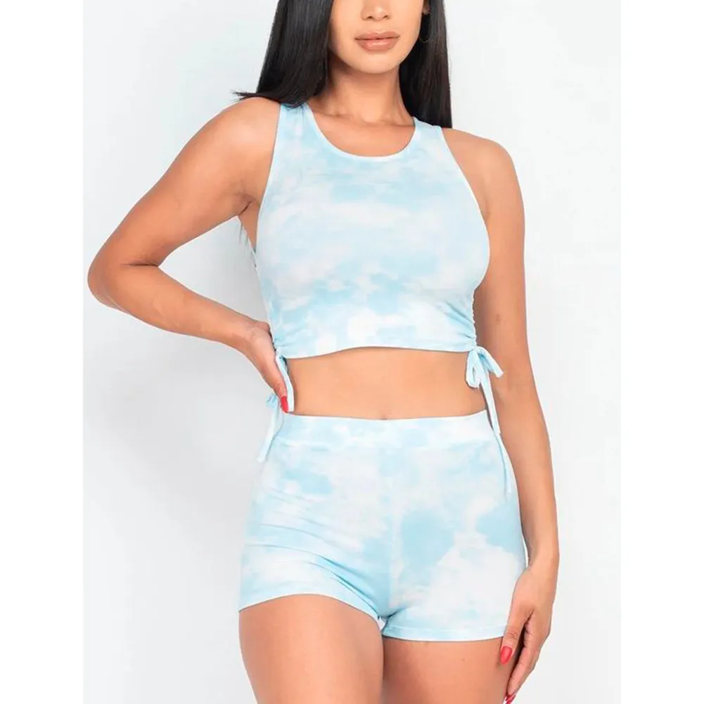 Women's Tank Top & Bike Shorts Athletic Workout Fitness Tie-Dye Tracksuit Set
