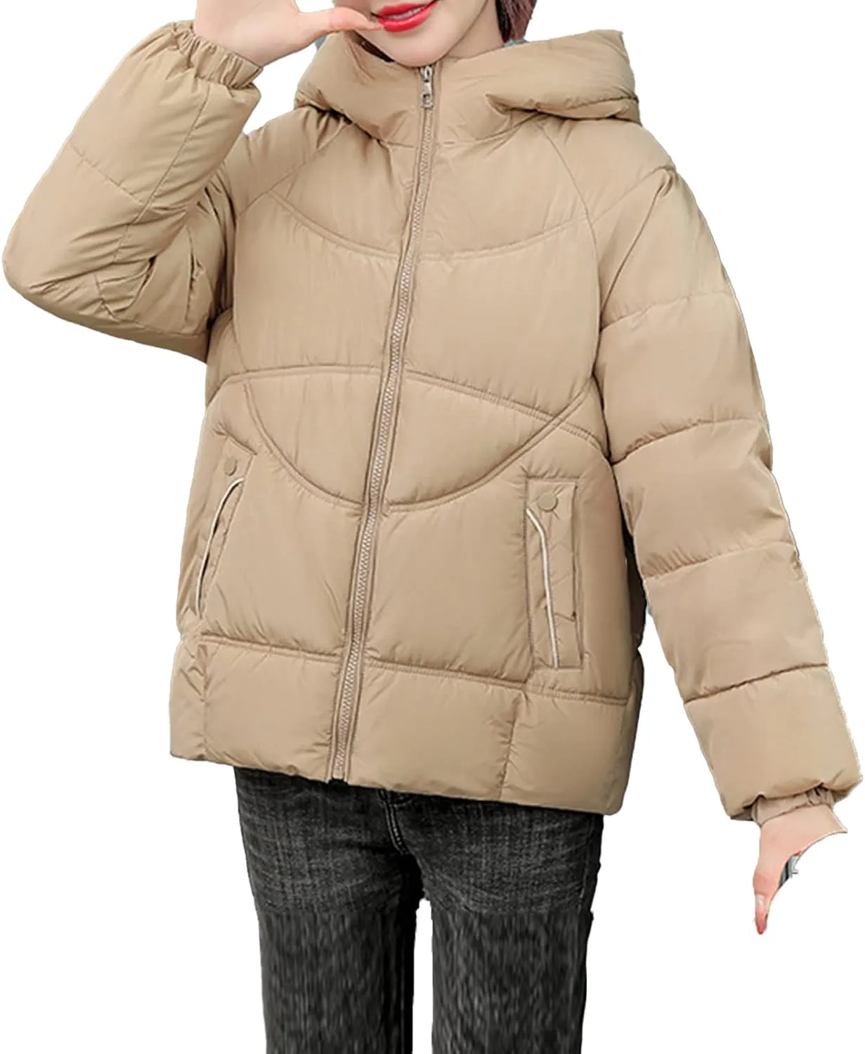 Women's Winter Hooded Coats Winter Stand Collar Cotton Jacket Long Sleeve Puffer Full Zip Down Jacket