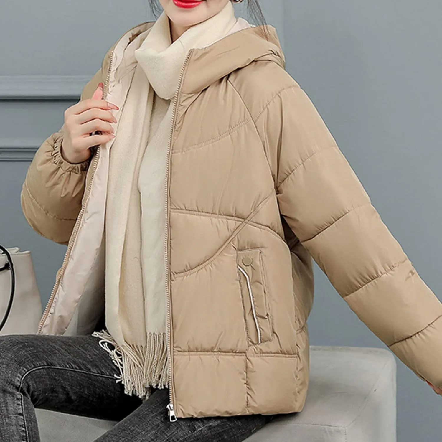 Women's Winter Hooded Coats Winter Stand Collar Cotton Jacket Long Sleeve Puffer Full Zip Down Jacket