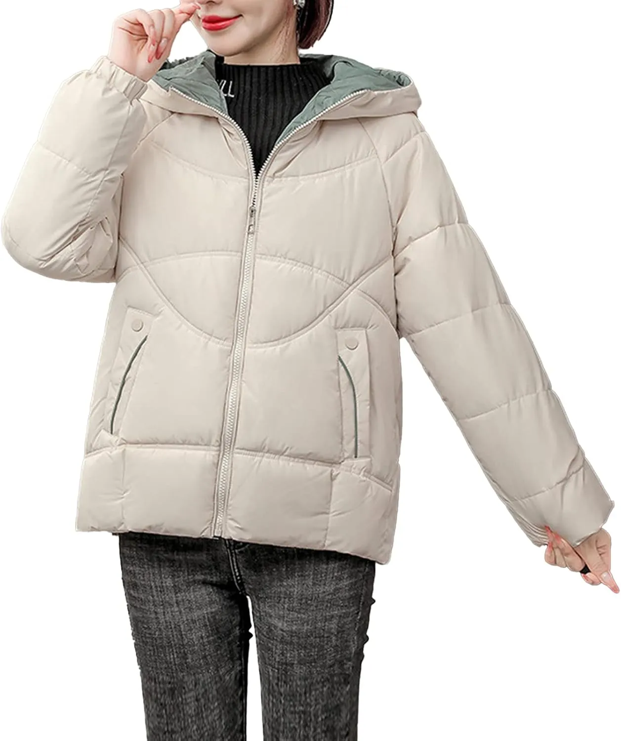 Women's Winter Hooded Coats Winter Stand Collar Cotton Jacket Long Sleeve Puffer Full Zip Down Jacket