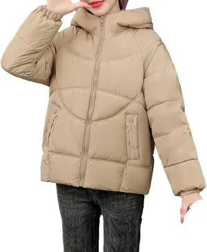 Women's Winter Hooded Coats Winter Stand Collar Cotton Jacket Long Sleeve Puffer Full Zip Down Jacket