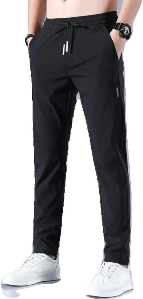Xingfenly Men' Ice Silk Trousers Solid Mid-Waist Loose Breathable Straight-Leg Casual Pants Thin Quick-Drying Sports