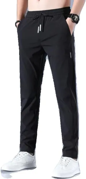 Xingfenly Men' Ice Silk Trousers Solid Mid-Waist Loose Breathable Straight-Leg Casual Pants Thin Quick-Drying Sports