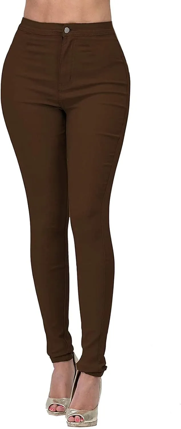 XUETON Stretchy Jeggings with Pockets for Women High Wasited Pull-On Stretchy Slim Fit Skinny Jeans Pencil Denim Pants Tights(Brown,XX-Large)